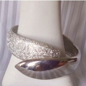 Silver Tone Textured and Polished Bypass Hinged Bangle Bracelet Statement Piece